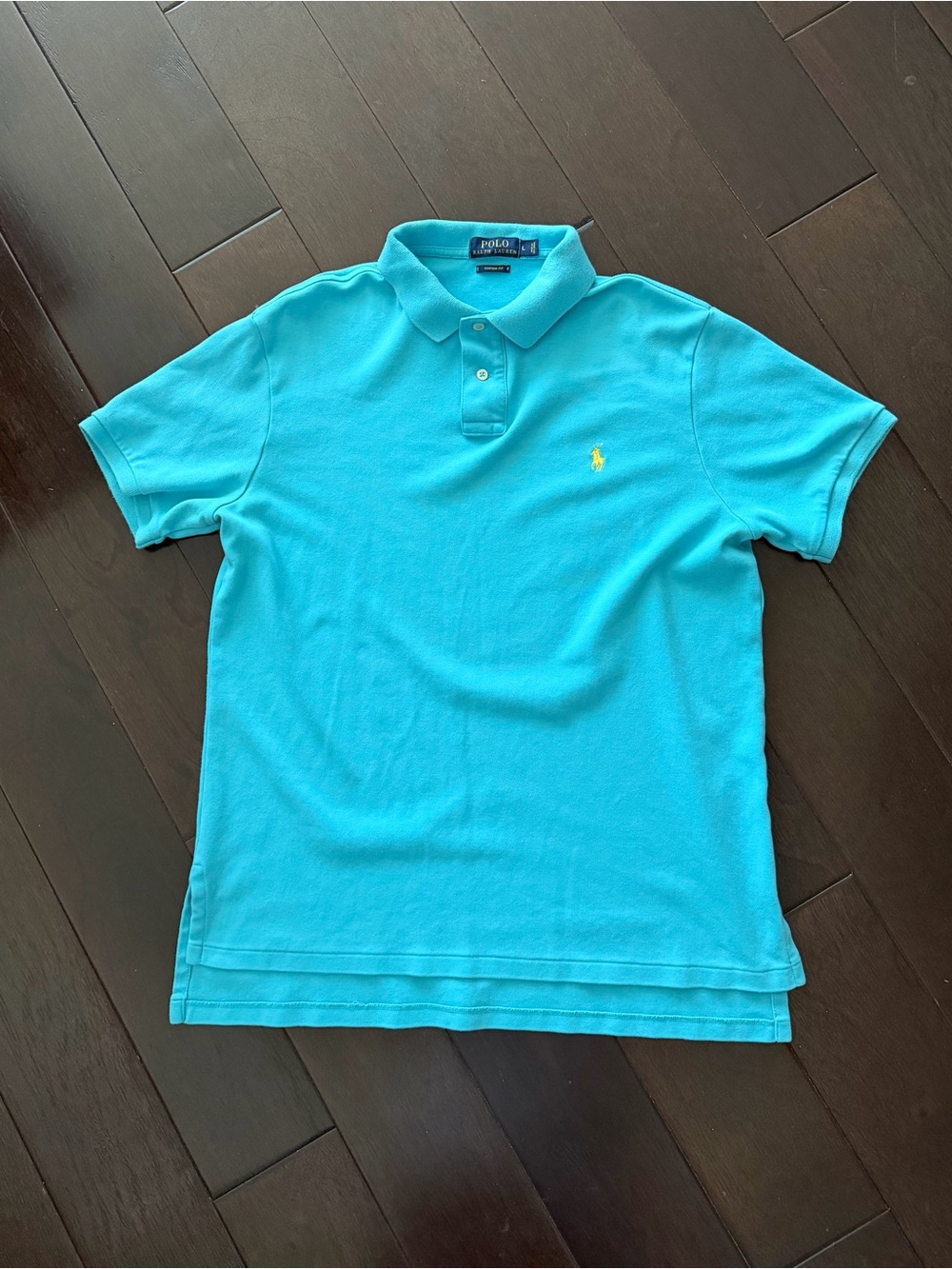Polo Ralph Lauren Polo Shirt Custom Fit Mens Large Teal Blue Yellow Pony EUC